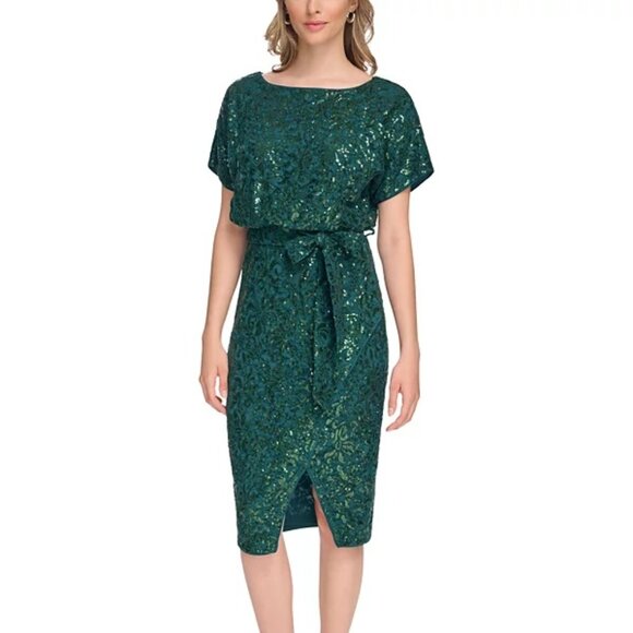 kensie Women's Sequin Floral-Lace Blouson Wrap Dress Emerald Size 2 - Picture 1 of 3